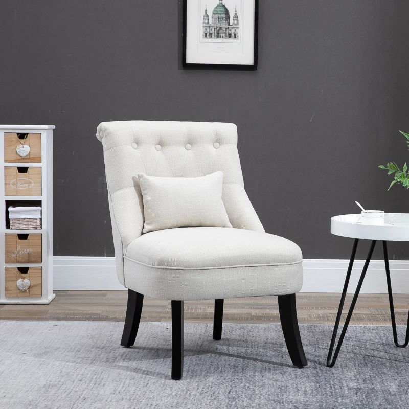 HOMCOM Small Button-Tufted Accent Chair Mid-Back Leisure Armchair with Upholstered Fabric, Solid Wood Legs, and Support Pillow, Beige
