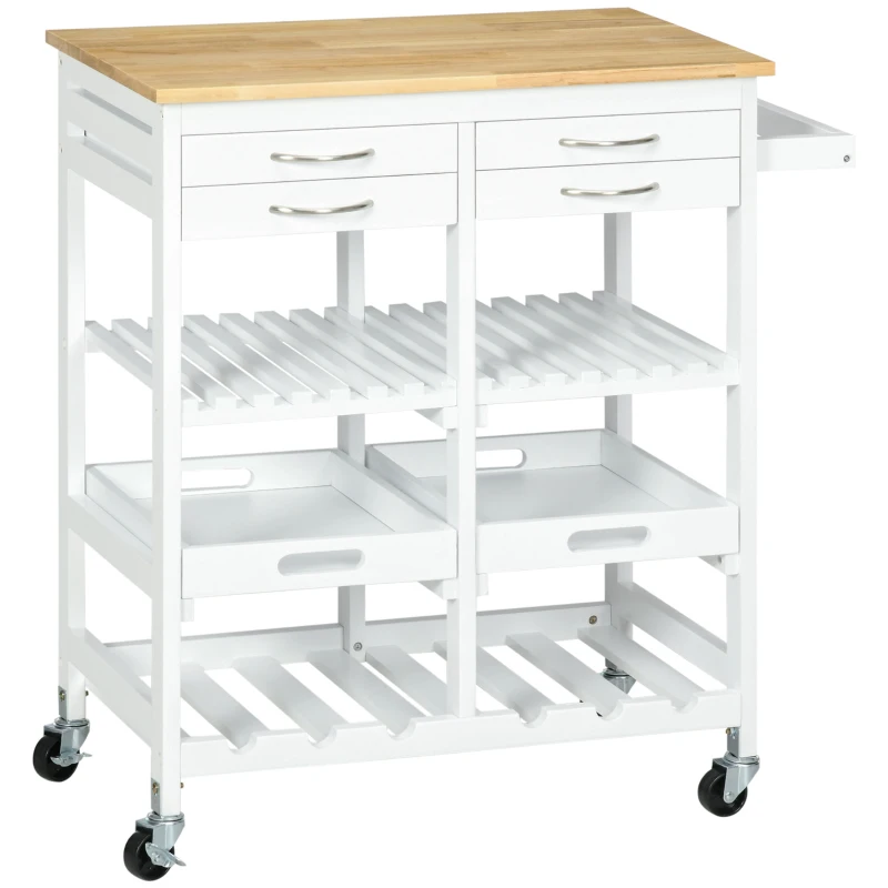 HOMCOM Kitchen Island with Storage, Bar Cart with 6-Bottle Wine Rack, Kitchen Cart with Natural Wood Top, 4 Drawers, 2 Removable Tray for Dining Room, Living Room, White