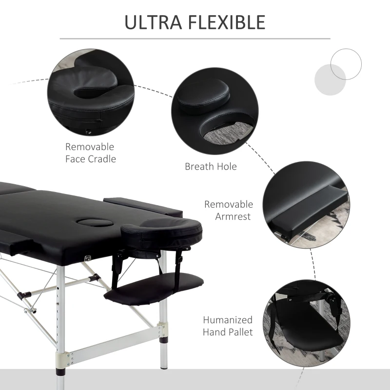 HOMCOM 83" 2 Section Foldable Massage Table Professional Salon SPA Facial Couch Tatoo Bed with Carry Bag Black