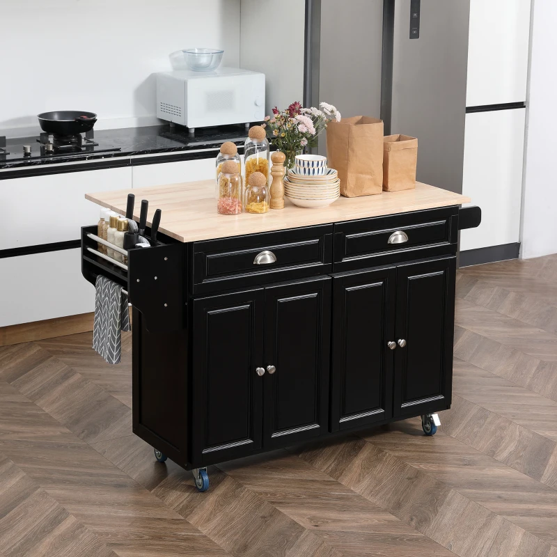 HOMCOM Kitchen Island with Storage, Rolling Kitchen Island with Drop Leaf, Rubber Wood Top and Adjustable Shelves, Black