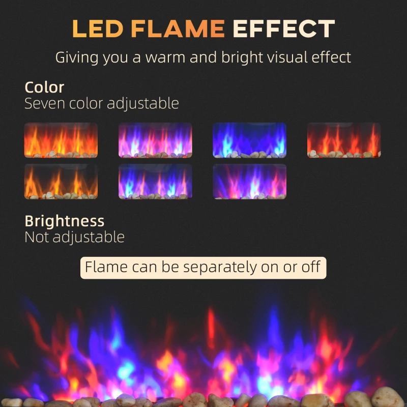 HOMCOM 36" Wall-Mounted Electric Fireplace, 750/1500W Fireplace Heater with Flame Effect, 7 Color Background Light and Side Light, Black