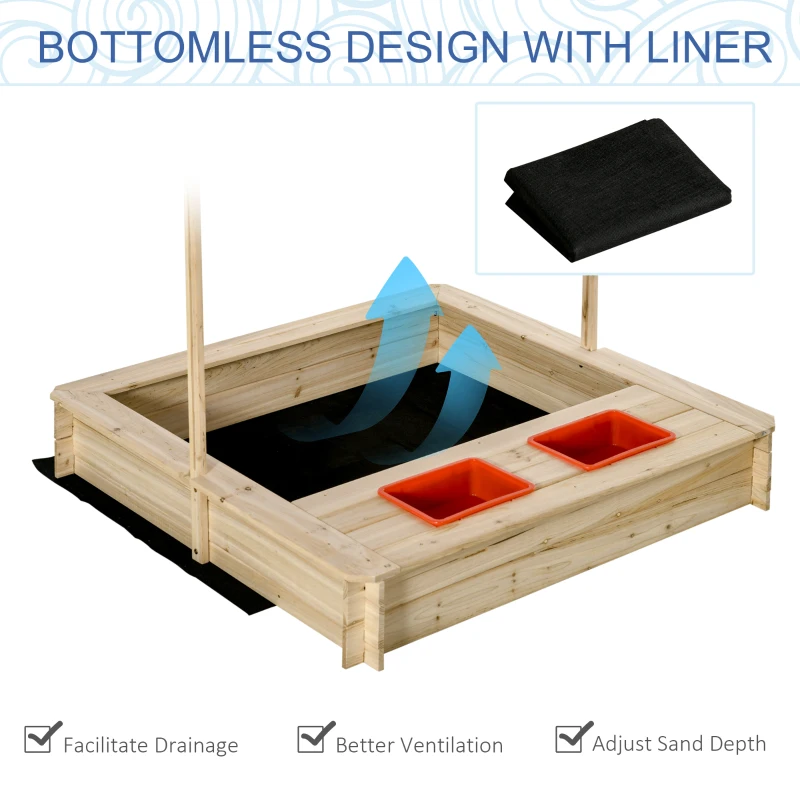 Outsunny Kids Wooden Sandbox Outdoor Children Sand Playset w/ Adjustable Canopy Shade, Bottom Liner, Seat, Plastic Basin, for 3-8 Years Old Boys and Girls
