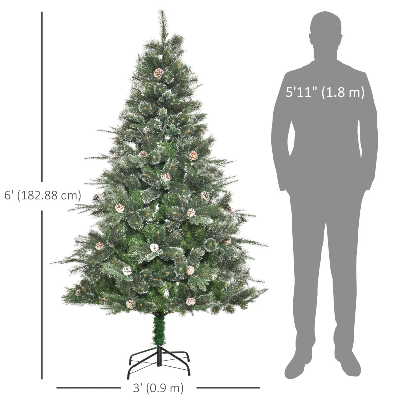 HOMCOM HOMCM 6FT Artificial Christmas Snow Pine Tree Holiday Home Xmas Decoration with Automatic Open, Pinecone, Green
