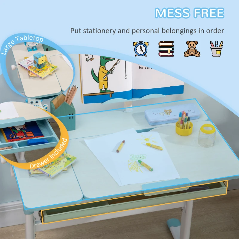 Qaba Kids Desk, Height Adjustable Children School Study Table, Student Writing Desk with Tilt Desktop, Drawer, Reading Board, Blue