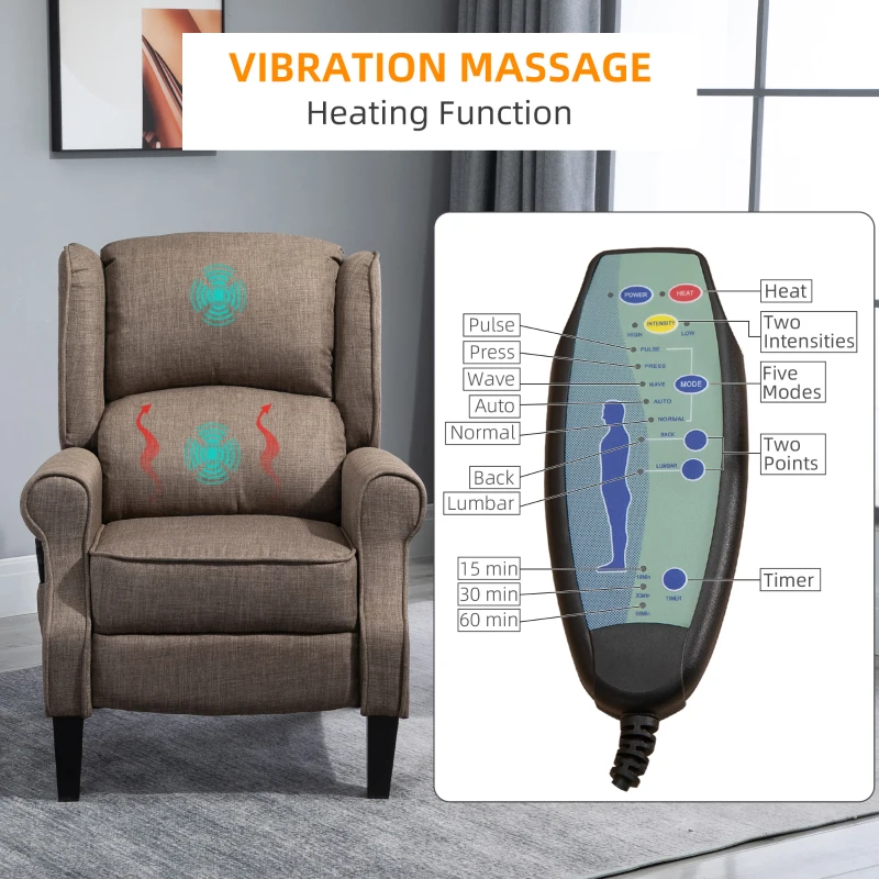 HOMCOM Vibration Massage Recliner Chair for Living Room with Heat,  Wingback Single Sofa, Modern Linen Fabric Push Back Reclining Chair with Footrest, Side Pocket, Brown