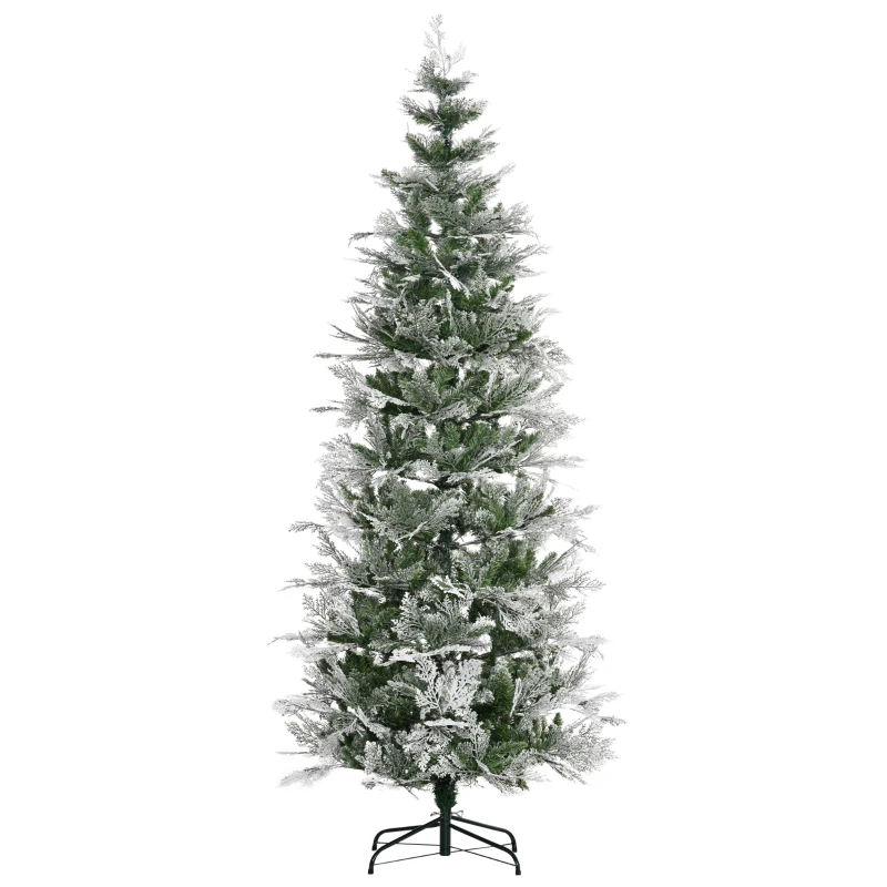 HOMCOM 7.5 Feet Pencil Snow Flocked Artificial Christmas Tree with 880 Realistic Cypress Branches, Auto Open, Green