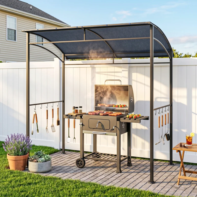 Outsunny 7' x 5' BBQ Grill Gazebo Tent, Garden Grill Canopy with Steel Frame and Hooks, Outdoor Sun Shade, Grey