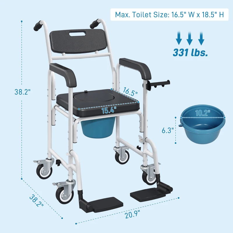 HOMCOM Rolling Shower Wheelchair for Seniors, Bedside Commode Chair with Locking Wheels, Seat, Backrest, Arms, Black
