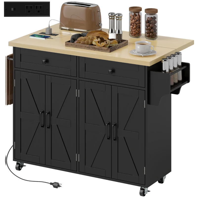 HOMCOM Kitchen Island with Storage, Rolling Kitchen Cart with Charging Station, Drop Leaf, Spice Rack, Towel Rack, Drawers