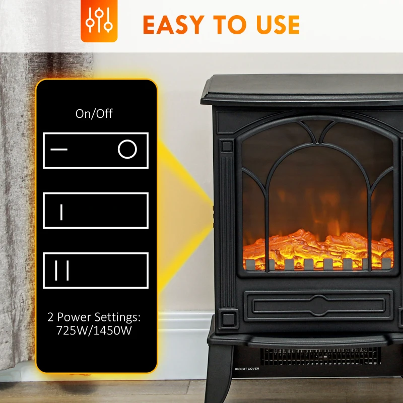 HOMCOM Electric Fireplace Heater, Freestanding Fireplace Stove with Realistic Flame Effect Overheat Protection 725W/1450W Black