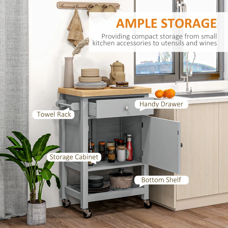 HOMCOM Kitchen Cart on Wheels, Rolling Kitchen Island Cart with Wood Top, Towel Rack, Drawer and Shelf for Dining Area, Grey