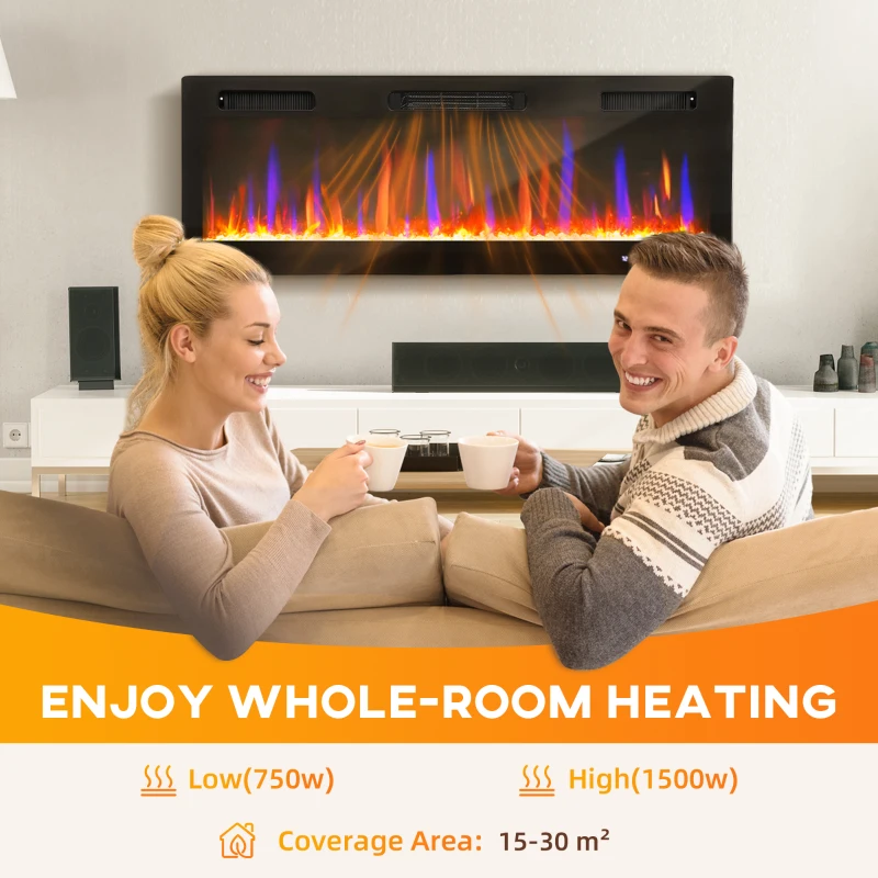 HOMCOM 50" Thin Electric Fireplace, Freestanding, Wall Mounted Fireplace Heater with Eco Mode, Auto Switch, Remote, 1500W