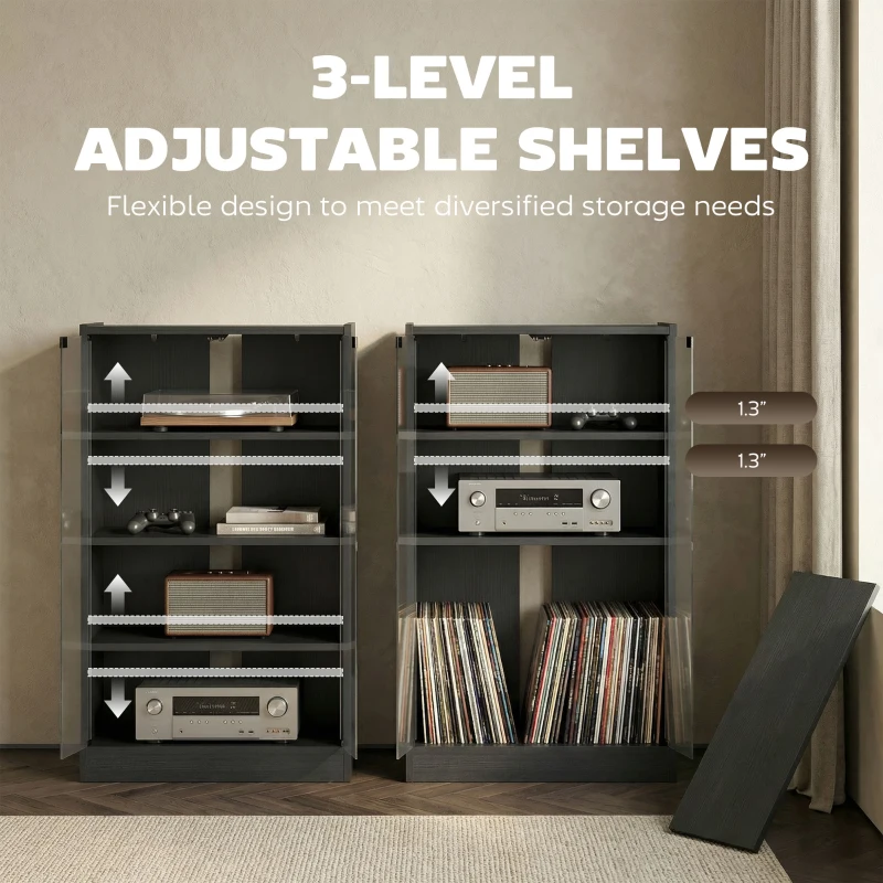 HOMCOM Media Cabinet, 4-Tier Stereo Cabinet for Vinyl Record Player, Gaming Console, AV Record Player Stand with Adjustable Shelves, Push-to-Open Glass Doors and Cable Management, Distressed Black
