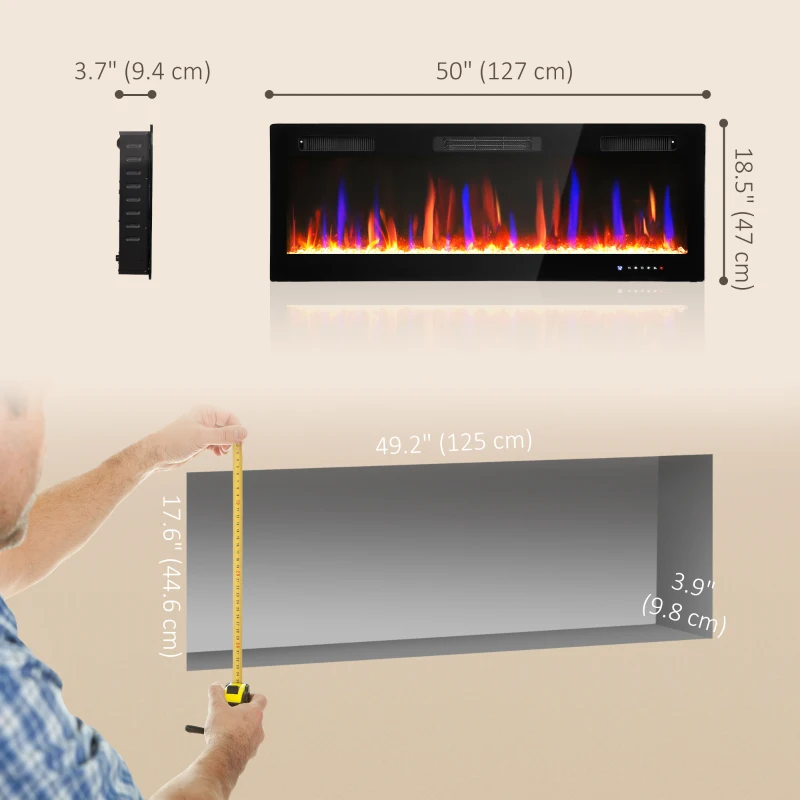 HOMCOM 50" Thin Electric Fireplace, Freestanding, Wall Mounted Fireplace Heater with Eco Mode, Auto Switch, Remote, 1500W