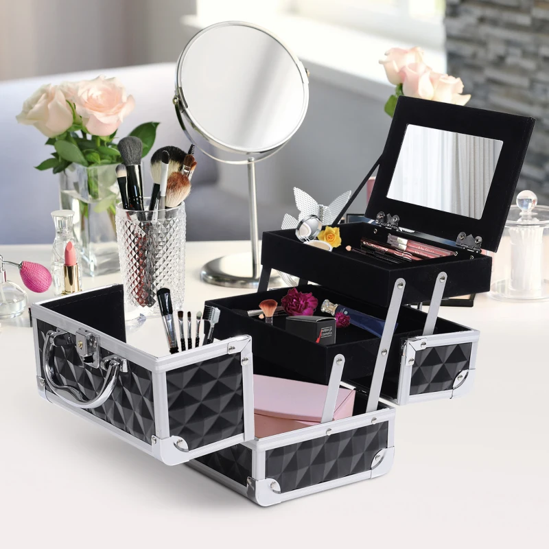 HOMCOM 3 Tier Diamond Texture Makeup Train Case Cosmetic Organizer with Mirror, Black