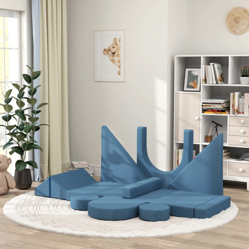 Qaba 12-Piece Modular Kids Play Couch Building Fort for Playroom Bedroom, Convertible Kids Sofa, Blue