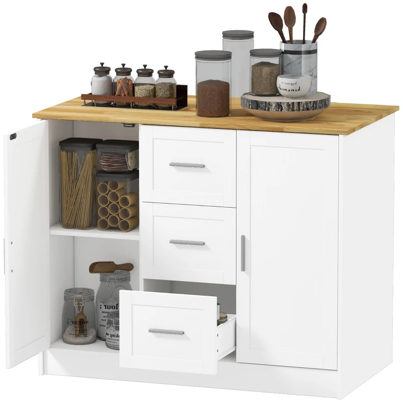 HOMCOM Kitchen Island with Storage Cabinets, 3 Drawers, 2 Adjustable Shelves and Sitting Space for Dining Room, White