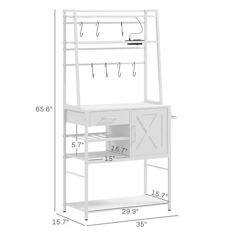 HOMCOM Industrial Kitchen Shelves with Charging Station and LED Lights, Kitchen Storage Rack with Barn Door, White