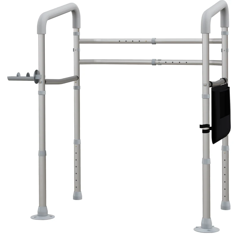 HOMCOM Stand Alone Toilet Safety Frame, Toilet Rails with Adjustable Height Width, 300lb Grab Bar with Suction Cups, Storage, Padded Handles for Elderly