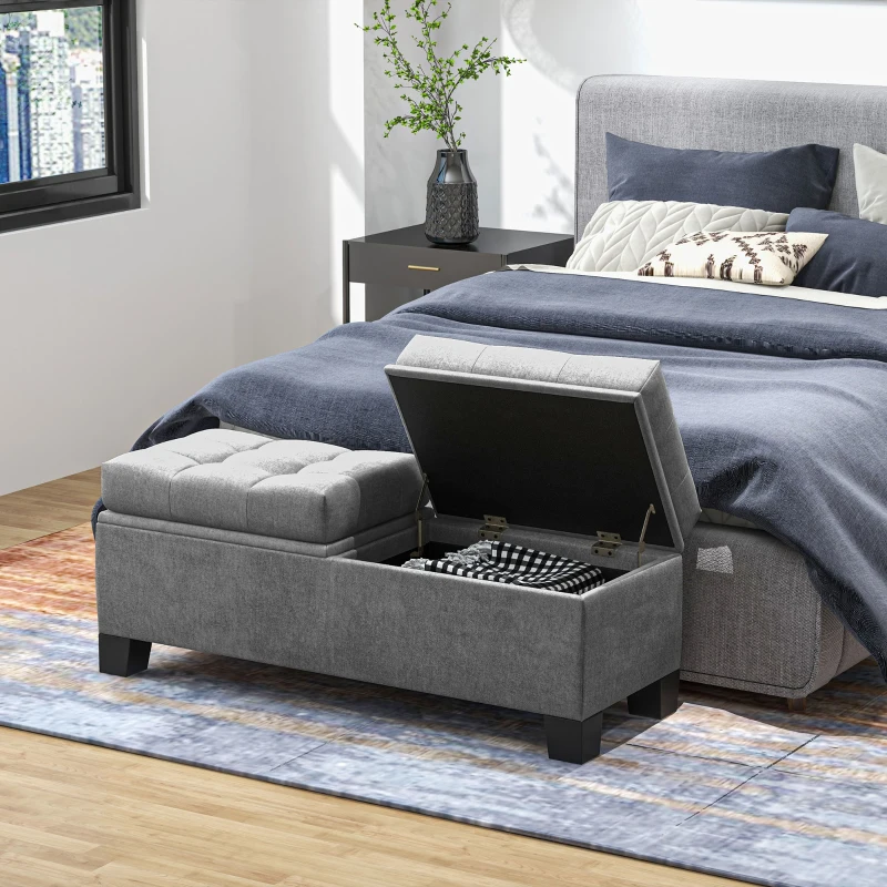HOMCOM 46" Storage Ottoman Bench, Upholstered End of Bed Bench with Steel Frame, Button Tufted Storage Bench with Safety Hinges for Living Room, Entryway, Bedroom, Gray