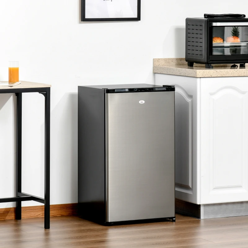 HOMCOM Mini Fridge with Freezer, Compact Mini Refrigerator with 3.1Cu Ft Capacity, Adjustable Shelves and Temperature and Reversible Door for Bedroom, Black/Silver