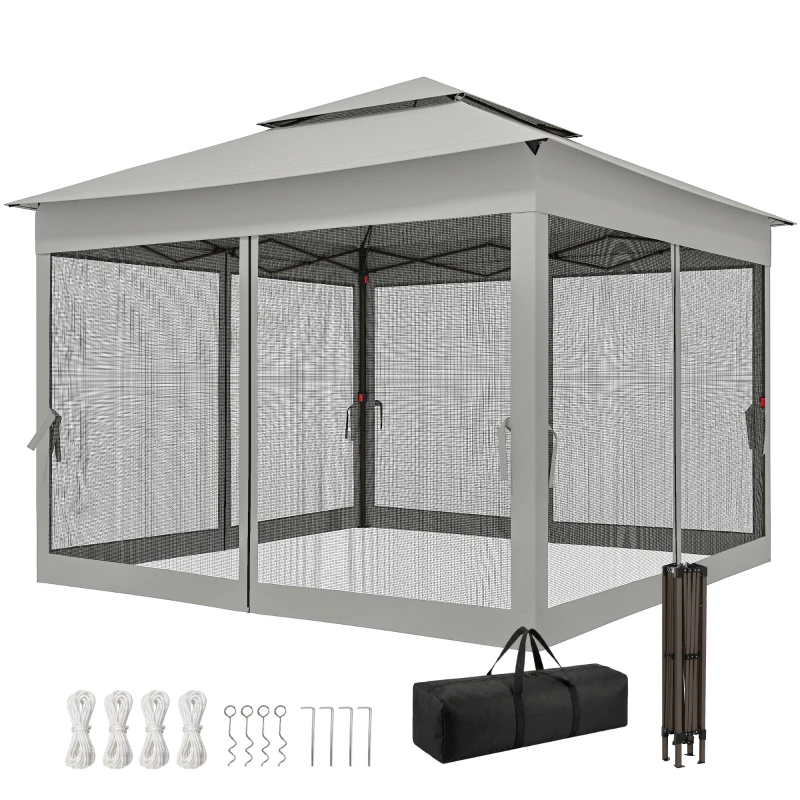 Outsunny 11' x 11' Pop Up Gazebo 2-Tier Soft Top Shelter Event Tent w/ Netting Carry Bag for Patio Backyard Garden, Light Grey