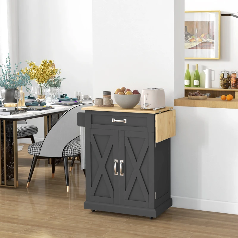 HOMCOM Foldable Kitchen Island with Storage Drawer, Farmhouse Rolling Utility Cart on Wheels with Drop-Leaf Wood Top, Black