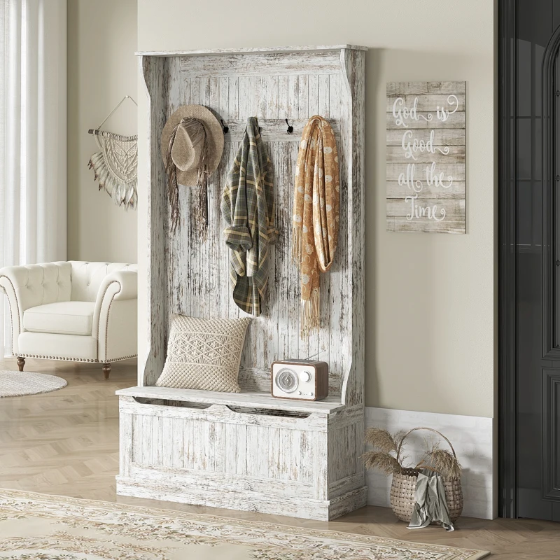 HOMCOM 3-In-1 Entryway Bench with Coat Rack, Hall Tree with Bench and Shoe Storage, 5 Hooks for Hallway Distressed White