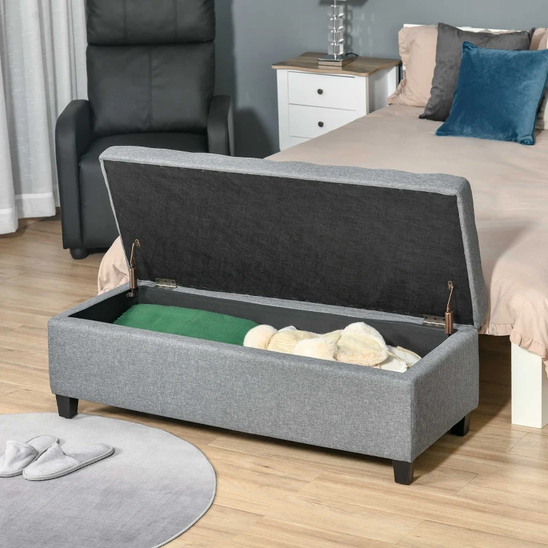 HOMCOM 50" Storage Ottoman Bench, Upholstered Ottoman Foot Rest with Linen Fabric and Soft Close Lid for Entryway, Gray