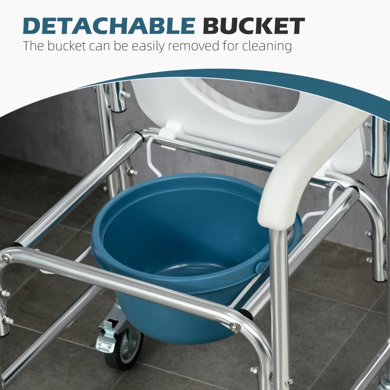 HOMCOM 3-in-1 Shower Commode Wheelchair, FSA/HSA Eligible Transport Beside Commode Chair, Waterproof Rolling Over Toilet Chair 330 lbs. Weight Capacity with Padded Seat, White