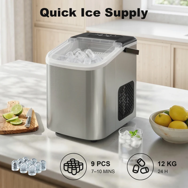 HOMCOM Portable Ice Maker Countertop, Self-Cleaning Ice Machine with 2 Bullet Ice Sizes, Ice Scoop, Silver