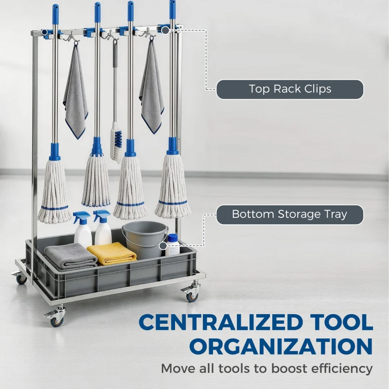 HOMCOM Cleaning Rolling Janitor Cart with Locking Wheels Cleaning Cart with Integrated Drip Tray 4 Casters
