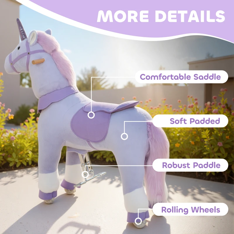 Qaba Ride on Unicorn Toy for Kids 4-7 Years, 37.8 Inch Plush Baby Rocking Horse with Wheels, No Battery Required, Purple