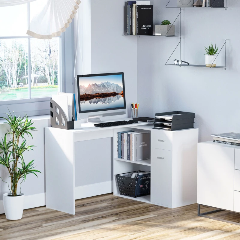 HOMCOM L Shaped Computer Desk, 180° Rotating Corner Desk with Storage Shelves, Drawer and Cabinet, Study Workstation, White