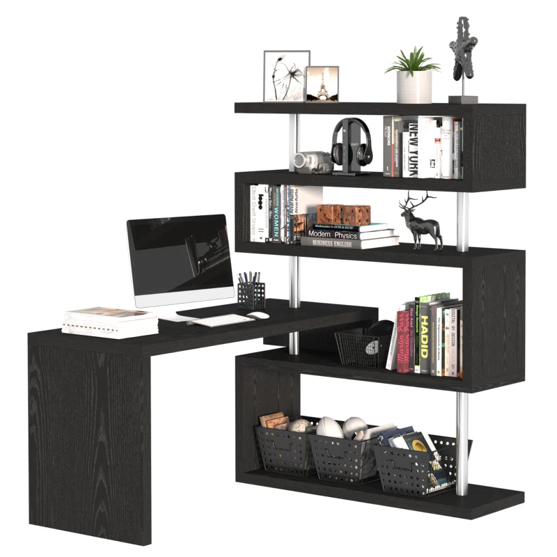 HOMCOM 94" 5 Tier L-Shaped Computer Desk Rotating Writing Table Corner Desk with Display Shelves and Stainless Steel Frame, Black