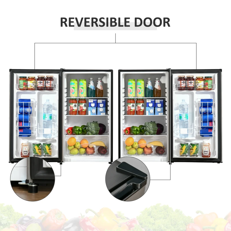 HOMCOM Mini Fridge with Freezer, Compact Mini Refrigerator with 3.1Cu Ft Capacity, Adjustable Shelves and Temperature and Reversible Door for Bedroom, Black/Silver