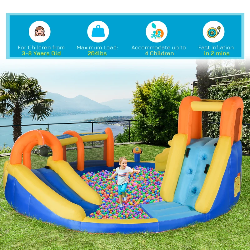 Outsunny 6-in-1 Inflatable Water Slide Kids Bounce House Jumping Castle Includes Slide Basket Pool Climbing Wall Tunnel