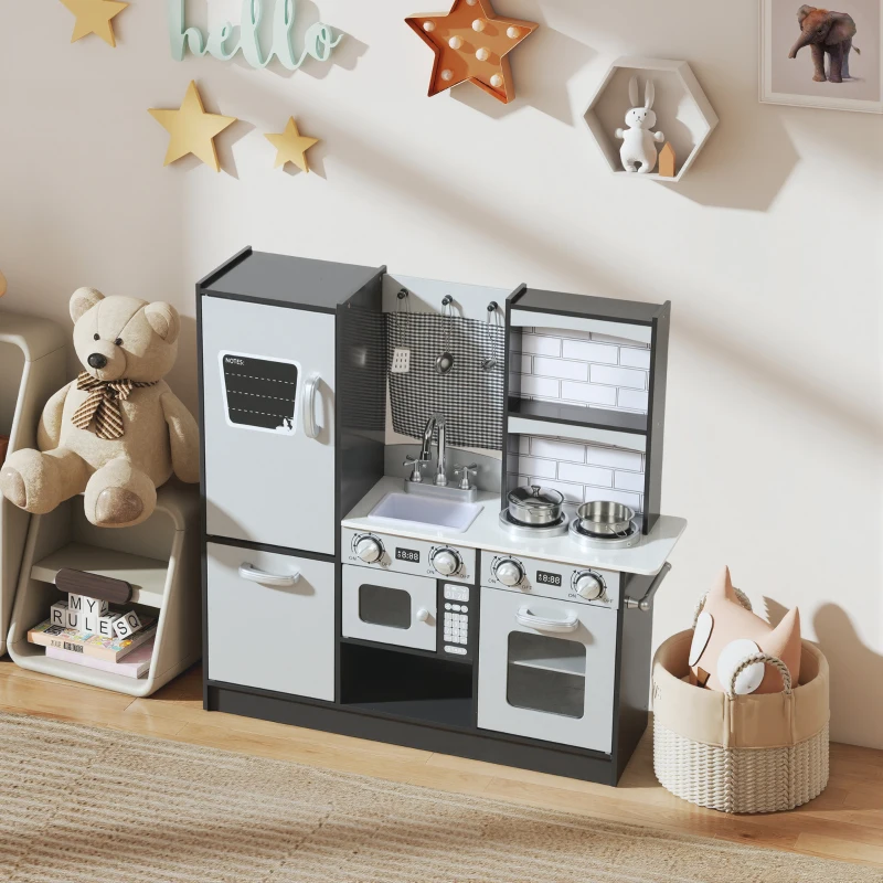 Qaba Play Kitchen for Kids, Pretend Kids Kitchen Playset with Switch Knob Sound, Accessories for Ages 3-8 Years, Dark Brown