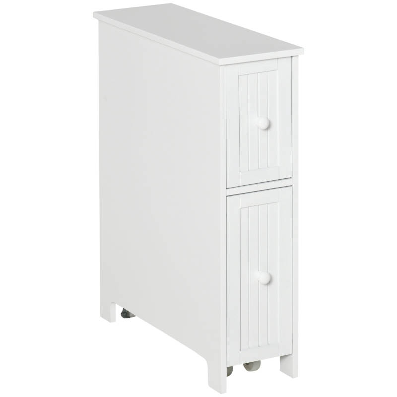 kleankin Slim Bathroom Cabinet, Freestanding Storage Cabinet, Toilet Paper Holder with Two Drawers, Side Towel Rack, and Wheels, 7 x 20.5 x 24.75 Inches, White