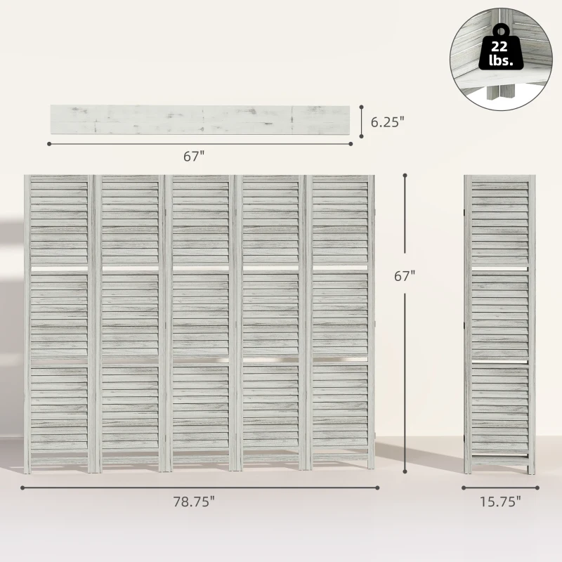 HOMCOM 5 Panel 67" Tall Wood Privacy Screen Room Divider with 3 Shelves and Folding Storage for Bedroom, Distressed White