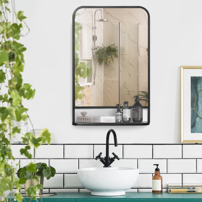 HOMCOM 34" x 21" Rectangle Modern Wall Mirror with Storage Shelf, Mirrors for Wall in Living Room, Bedroom, Black