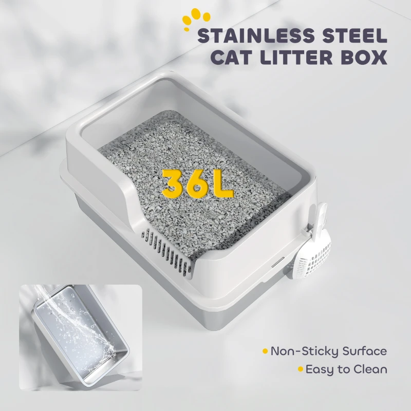 PawHut Stainless Steel Litter Box with High Side, Scoop, Easy Cleaning & Anti-Urine Leakage, for Big Cats, Light Gray