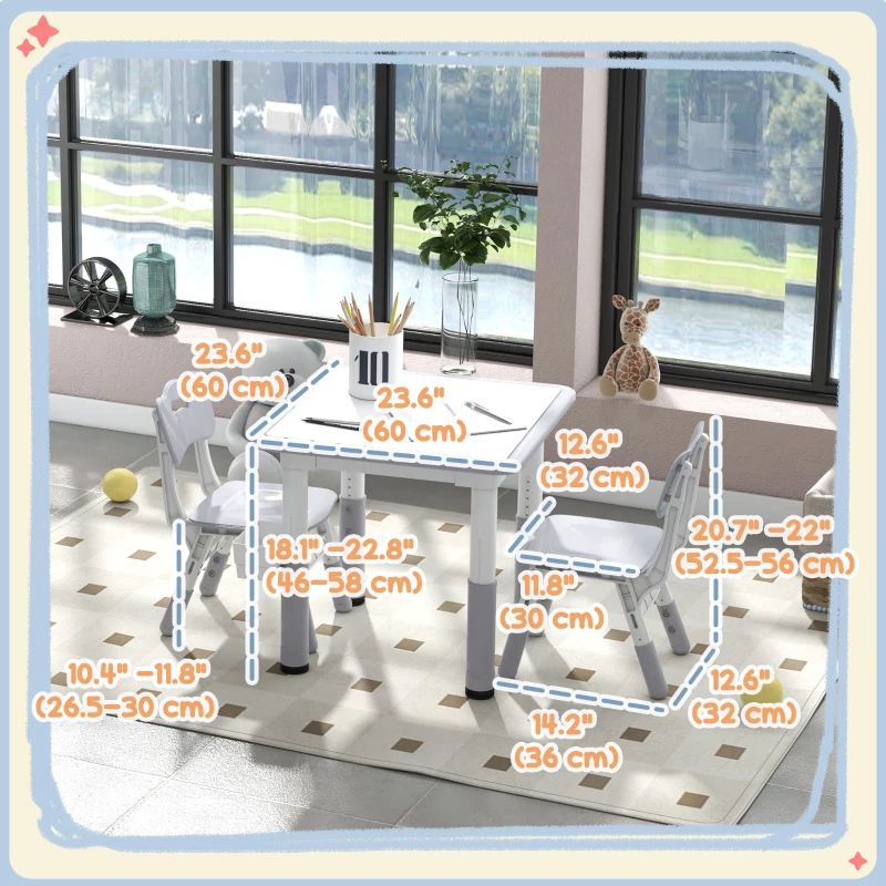 Qaba 3 Pieces Toddler Table and Chair Set, Height Adjustable Kids Table and Chair Set w/ Storage, for Playroom Grey