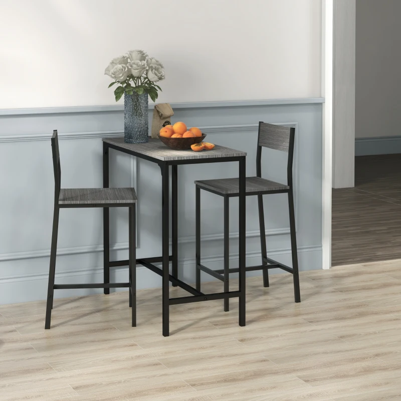 HOMCOM 3 Piece Bar Table and Chairs, Industrial Dining Table Set for 2, Counter Height Kitchen Table with Bar stools, Breakfast Table Set for 2 for Small Space, Gray