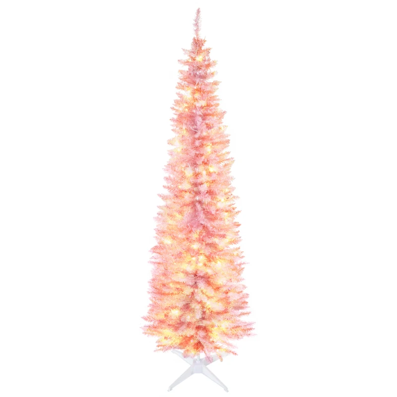HOMCOM 7ft Pencil Christmas Tree, Slim Artificial Christmas Tree with Realistic Branches and Warm White LED Lights, Pink