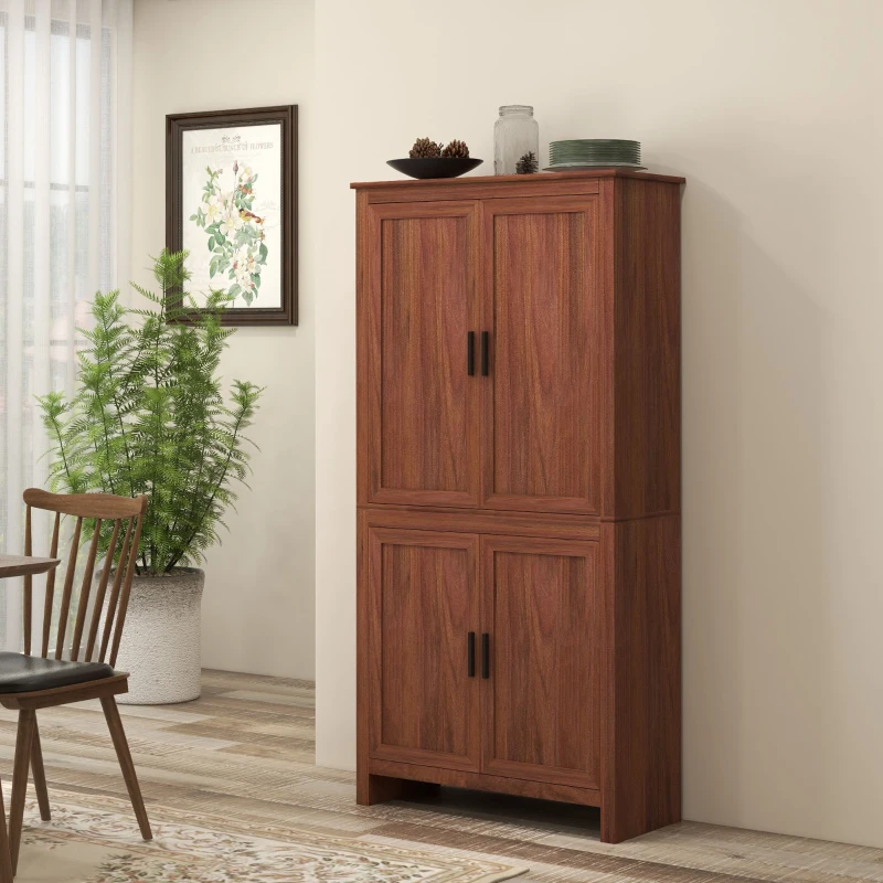 HOMCOM 64" 4-Door Kitchen Pantry, Freestanding Storage Cabinet with 3 Adjustable Shelves for Kitchen, Brown