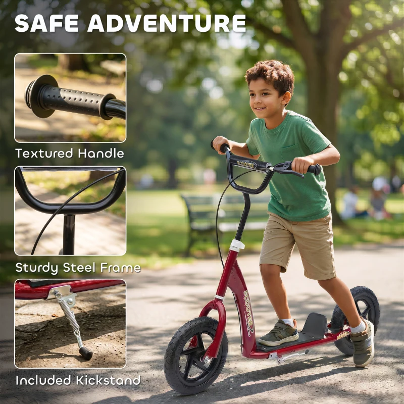 HOMCOM Kids Scooter with 12" EVA Big Tires, Street Bike Bicycle for Teens with Adjustable Height Handle for 5-12 Year Old, Red