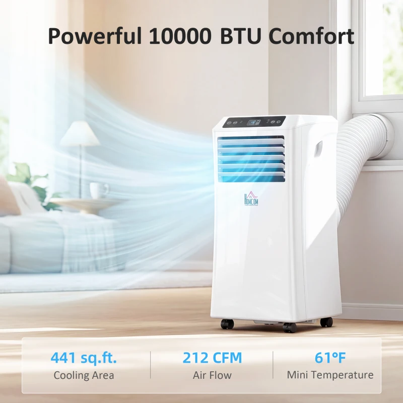 HOMCOM 10,000BTU Mobile Portable Air Conditioner with Cooling, Dehumidifier, 2 Speed Fans, 24-Hour Timer for Bedroom, White