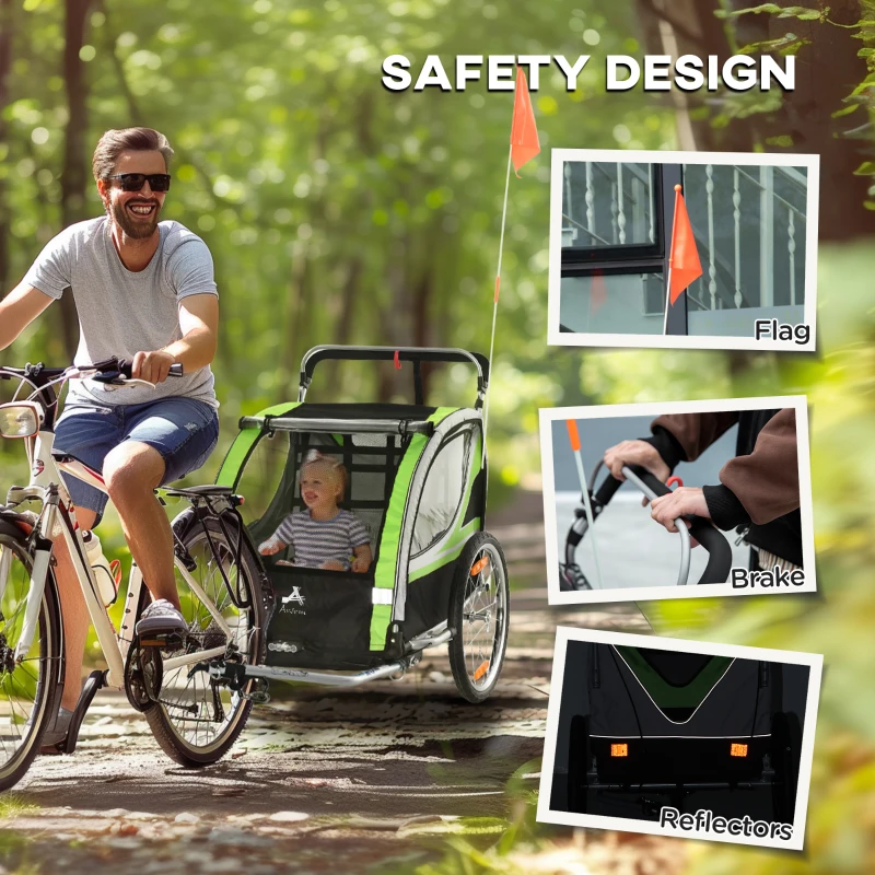 Aosom 2 Seat Bike Trailer for Kids 2-in-1 Double Baby Stroller with Handbrake, Rubber Wheels, 5 Point Harness, Waterproof Cover, Storage Bag, Reflectors, Green