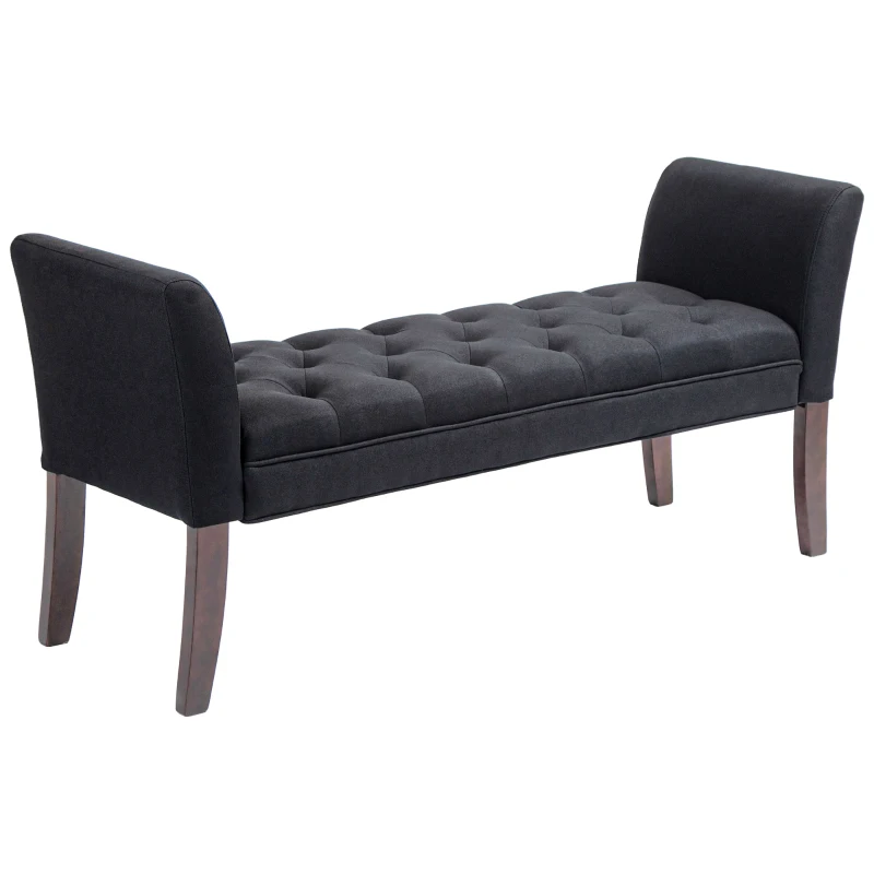 HOMCOM Upholstered Bedroom Entryway Bench with Button Tufted Design, End of Bed Bench with Arms and Solid Wood Legs, Black
